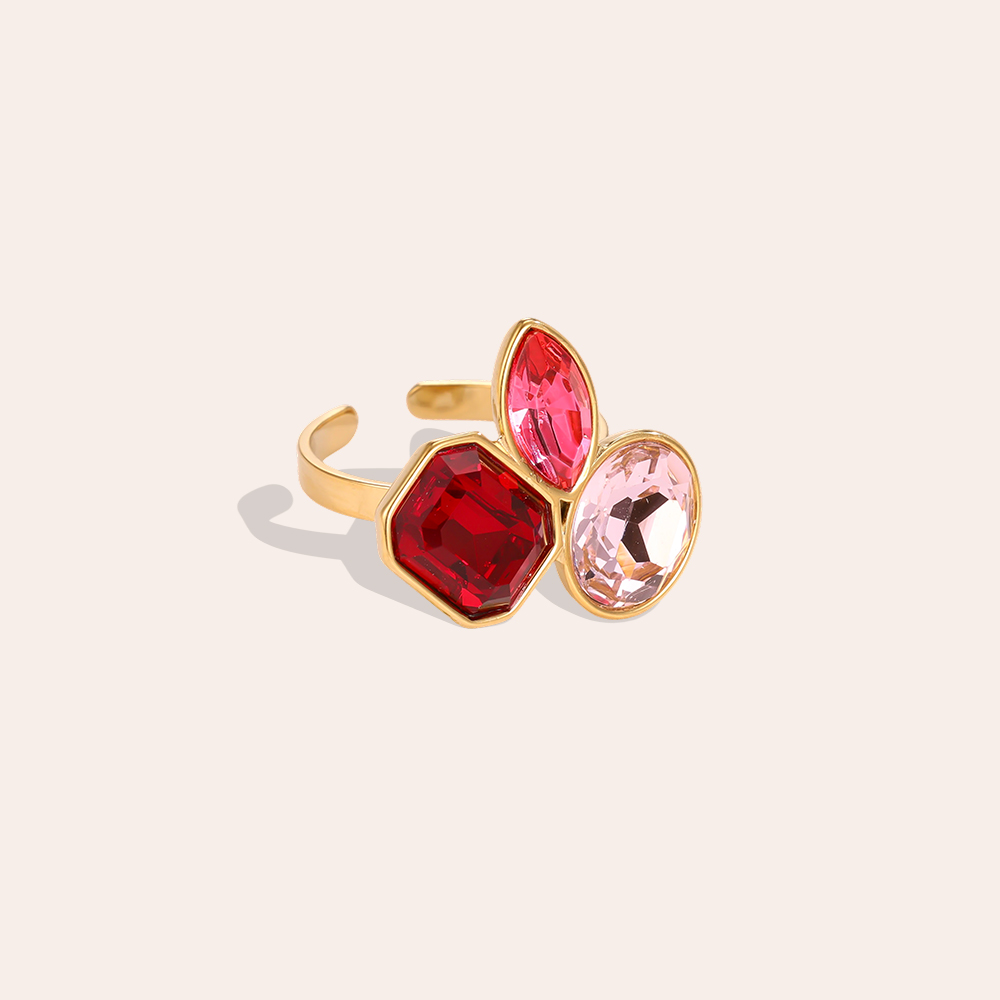 Stainless steel ring, adjustable, with three glass stones in different colours  