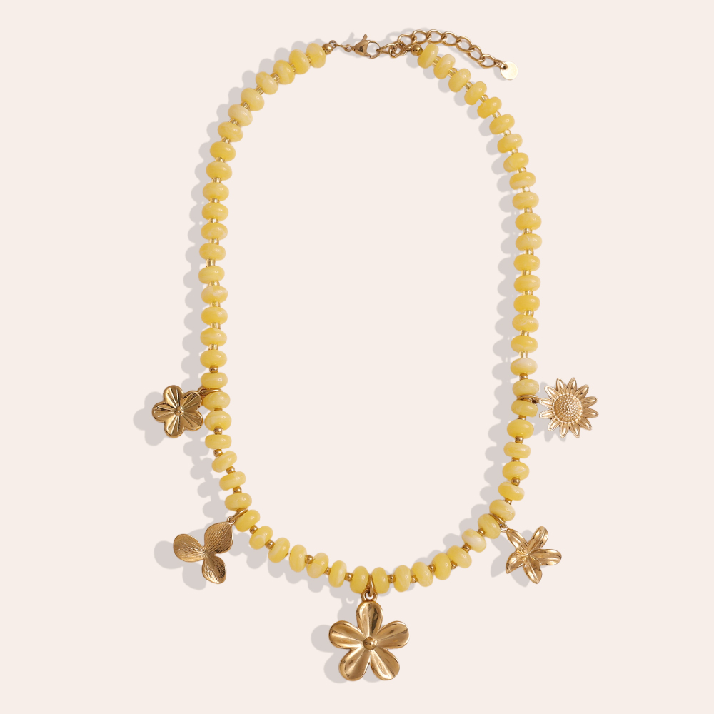 Stainless steel necklace 47cm small acrylic beads and golden flowers