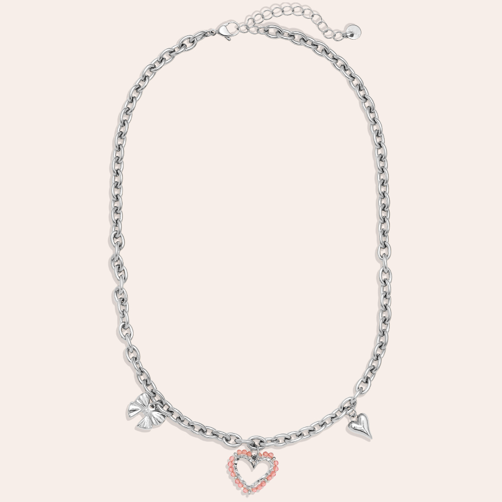 Stainless steel necklace 42cm Pink Heart And Charms