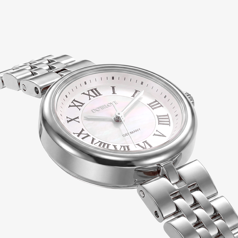 Round stainless steel watch with mother-of-pearl dial