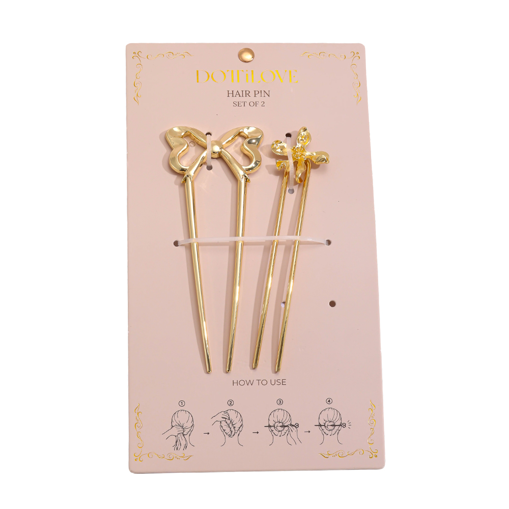12.5cm, set of 2 gold bows and flowers hairpin set   