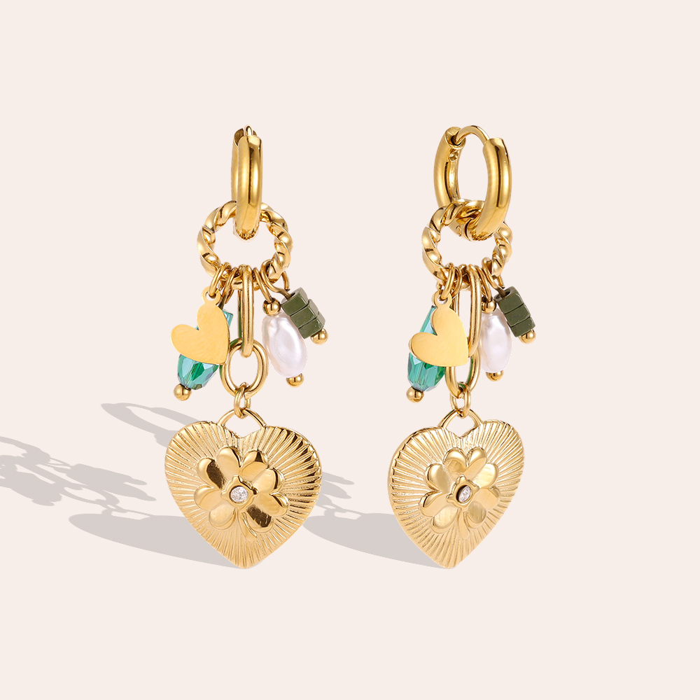 Stainless steel earrings, 46×17 mm, heart-shaped with a floral motif