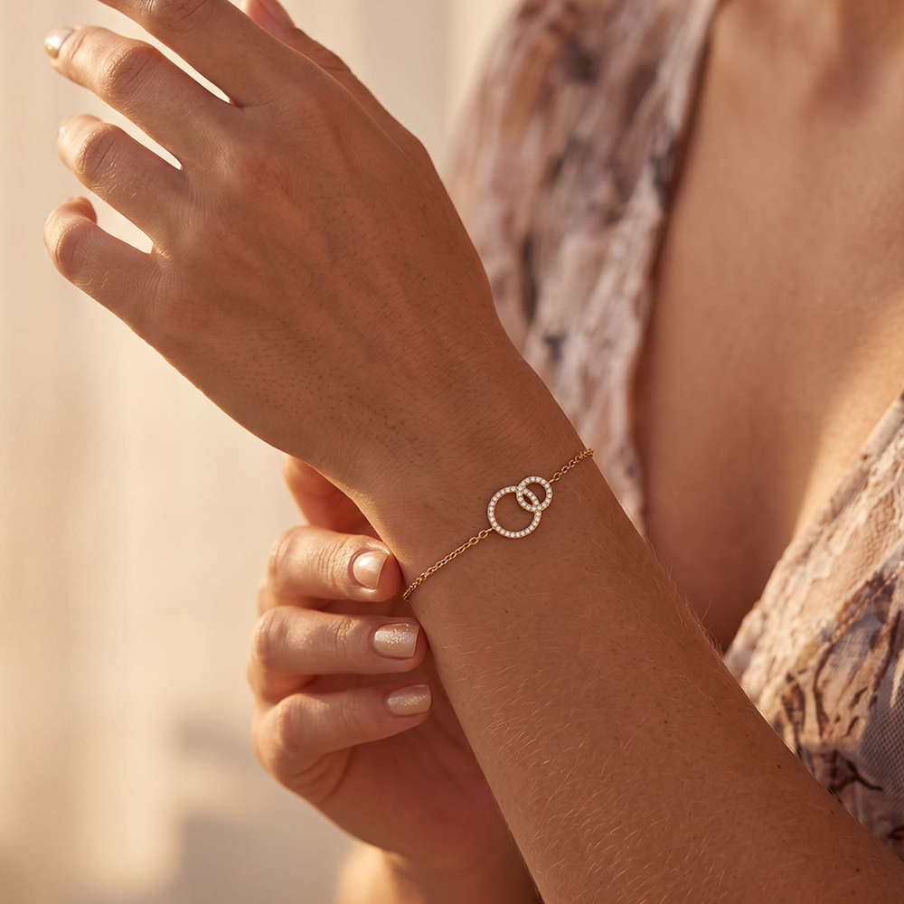 Stainless steel bracelet, 17 cm, with two zirconia rings