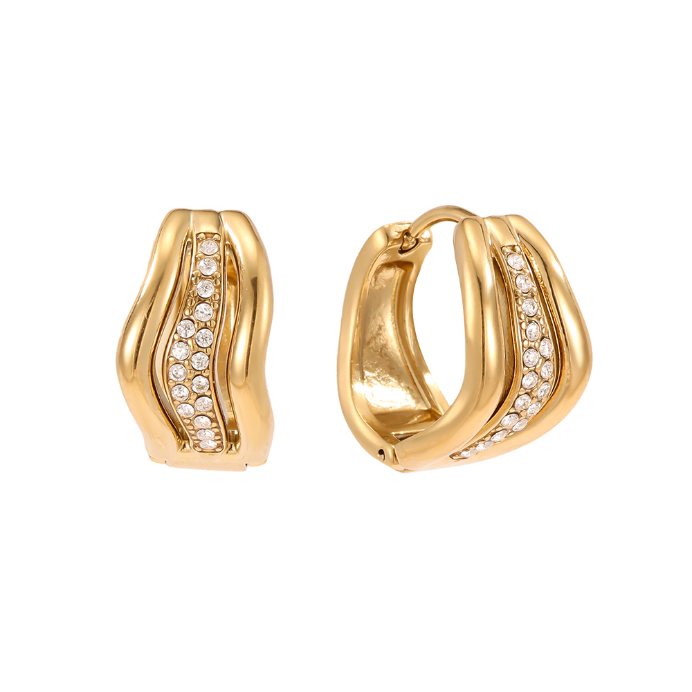 Stainless steel earrings, 15mm, wavy design, cubic zirconia  