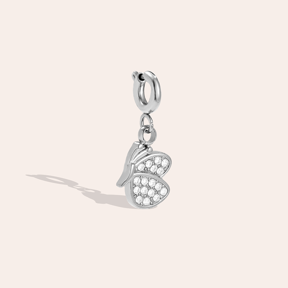 Stainless steel pendant 29mm half zirconia butterfly with spring clasp