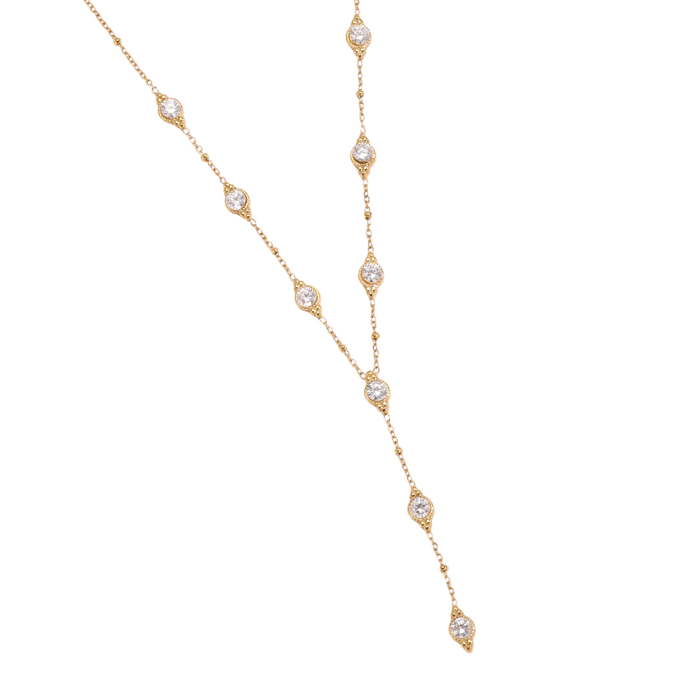 Stainless steel necklace, 41 cm, with several sparkling round cubic zirconia stones