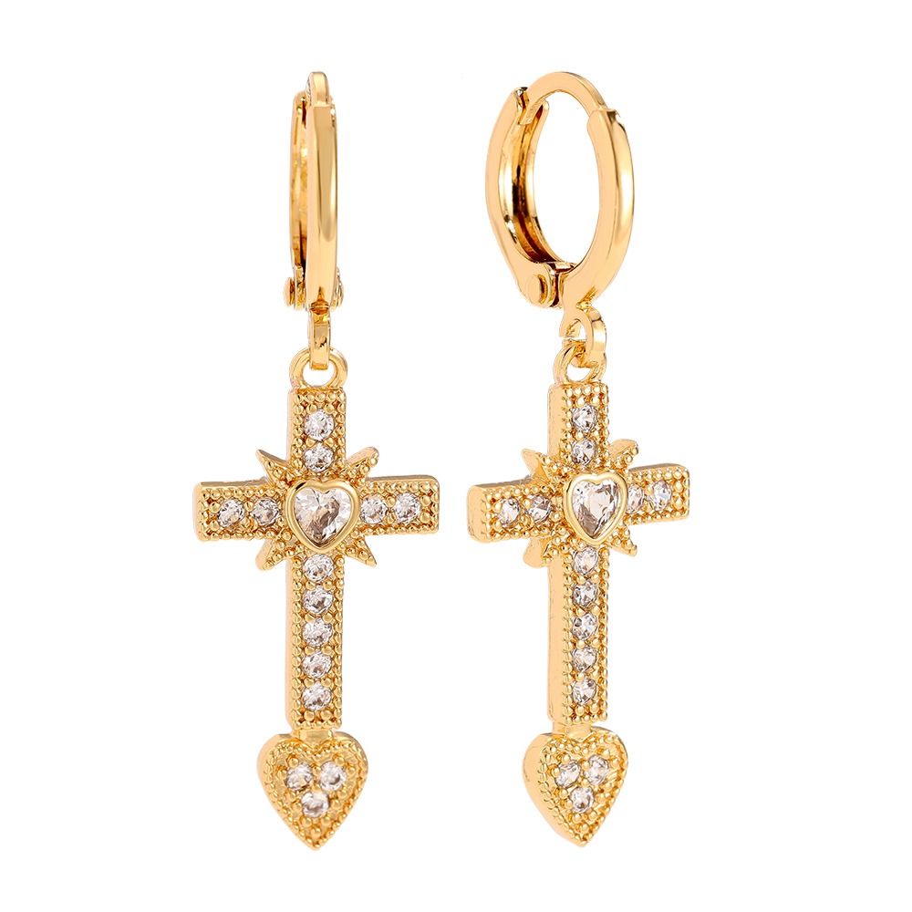 Gold-plated earrings 3.9cm Diamond Cross And Heart