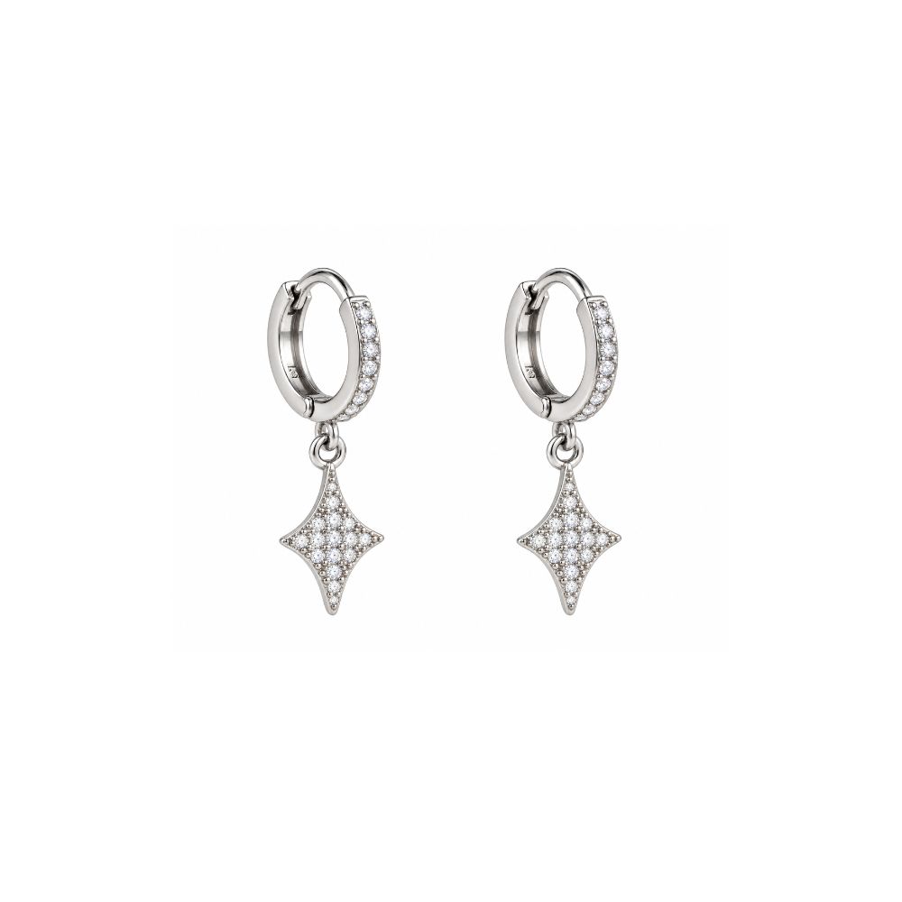 Stainless steel earrings, 27mm, cubic zirconia, four-pointed star