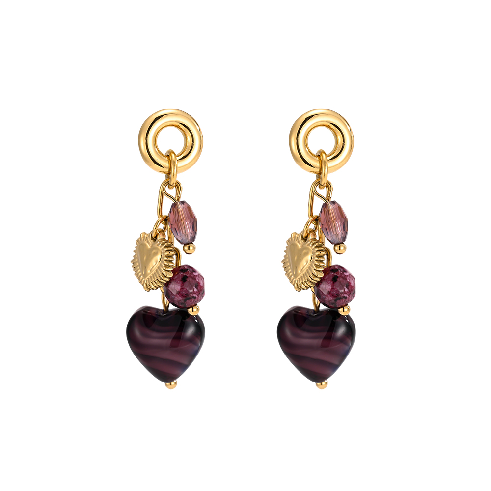 Stainless steel earrings, 44 × 12 mm: gold hearts and a purple heart