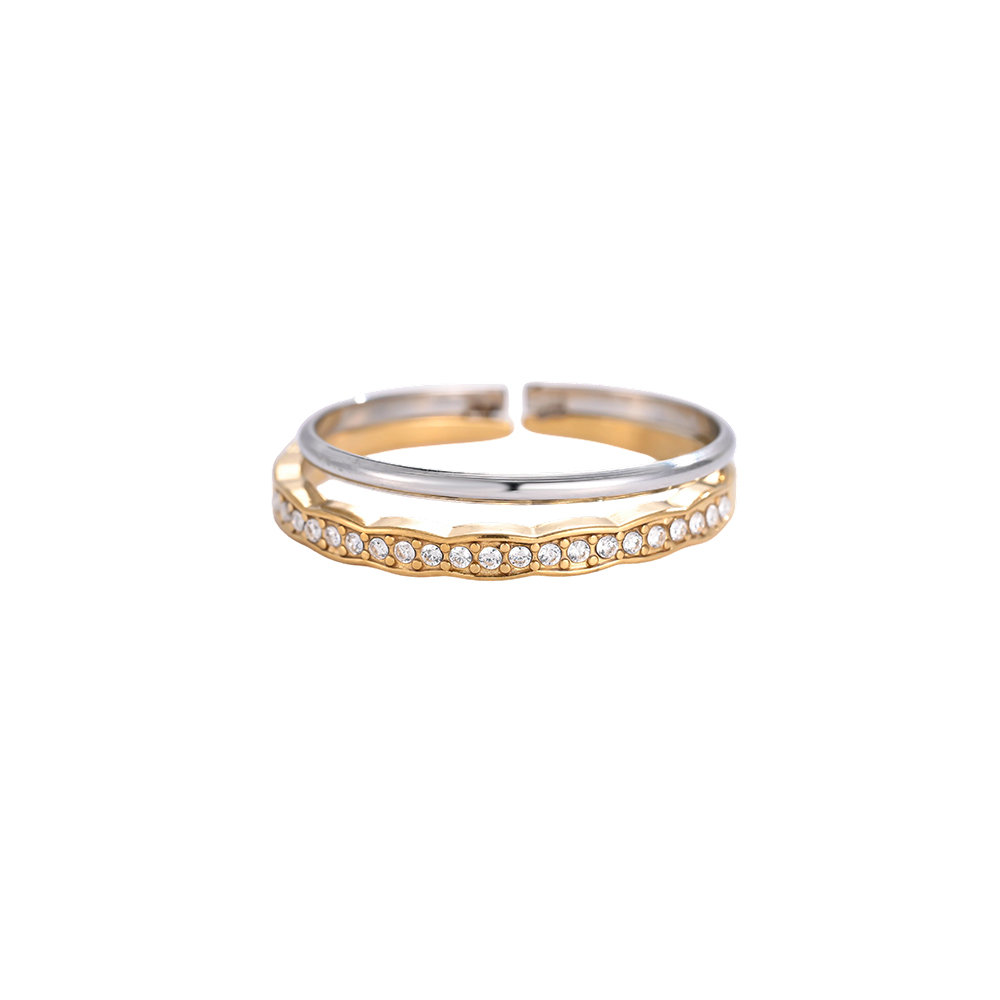 Stainless steel ring, adjustable, two-tone double ring, subtle wave design with small cubic zirconia stones  