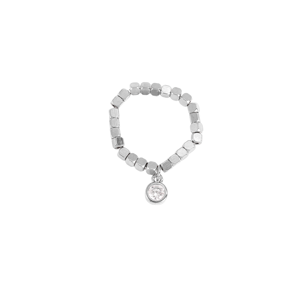 Stainless steel ring, adjustable, elastic, square with round cubic zirconia