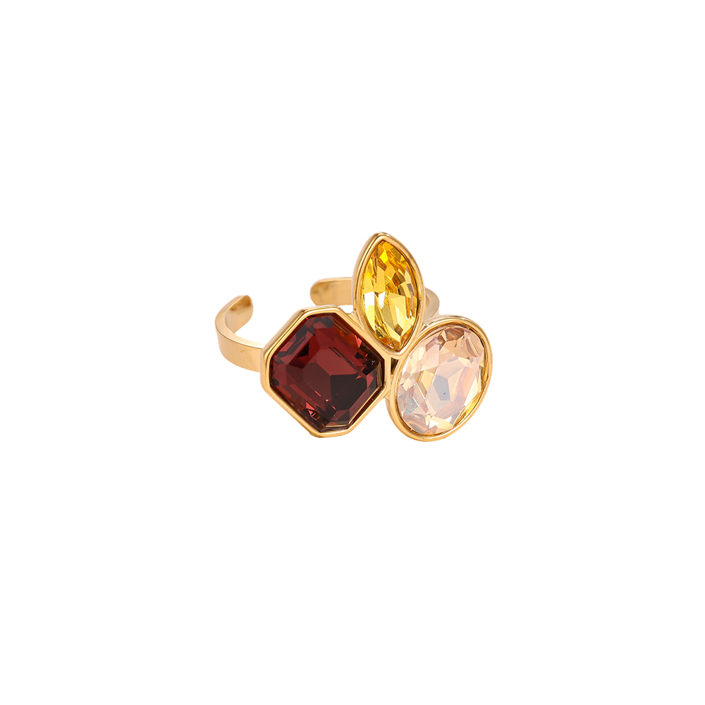 Stainless steel ring, adjustable, with three glass stones in different colours  