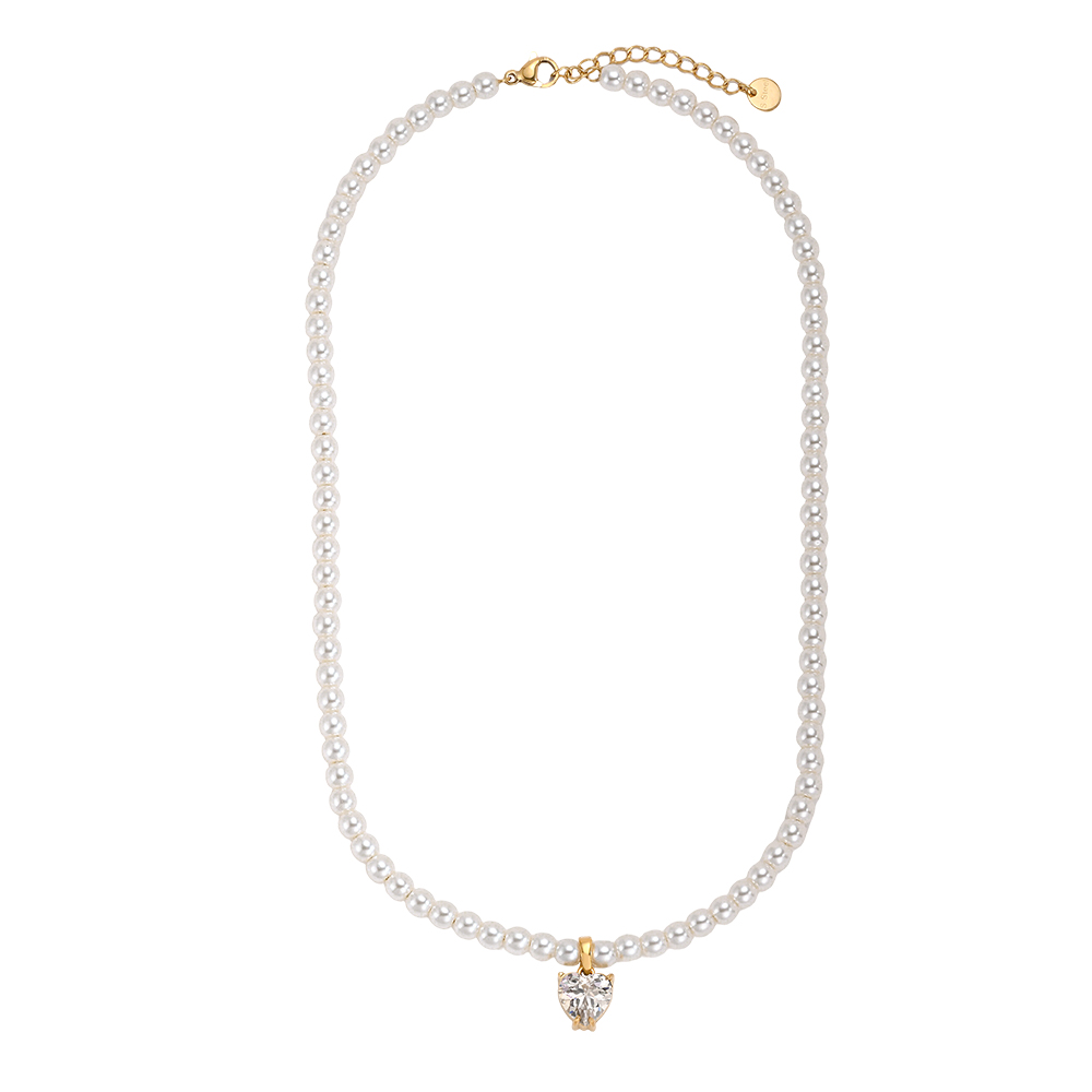 Stainless steel necklace, 39 cm, with a heart-shaped cubic zirconia and a pearl chain  
