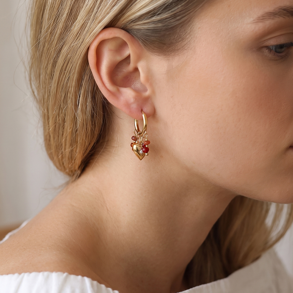 Stainless steel earrings, 32×17 mm, heart-shaped with brown crystal   