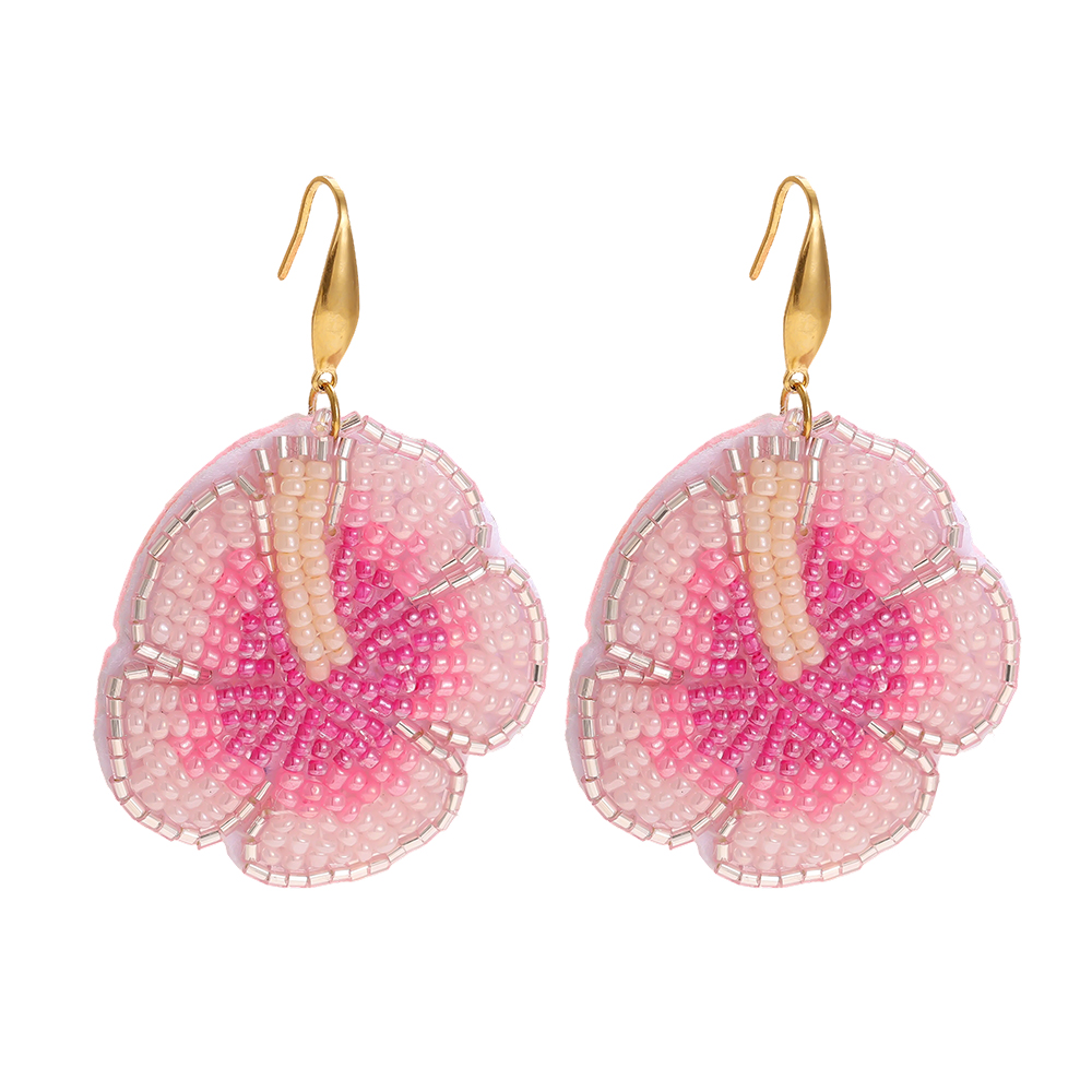 Stainless steel earrings 65mm pink beads flowers