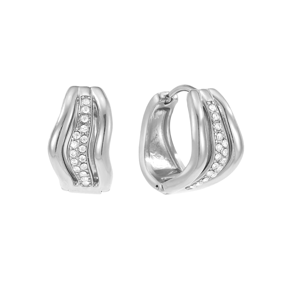 Stainless steel earrings, 15mm, wavy design, cubic zirconia  