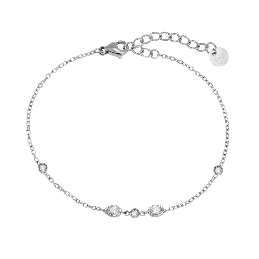 Stainless steel bracelet, 17 cm, with teardrop-shaped cubic zirconia