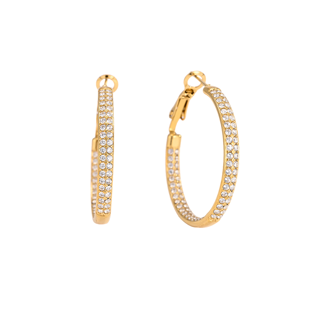 Stainless steel earrings, 32 mm, double-row, cubic zirconia