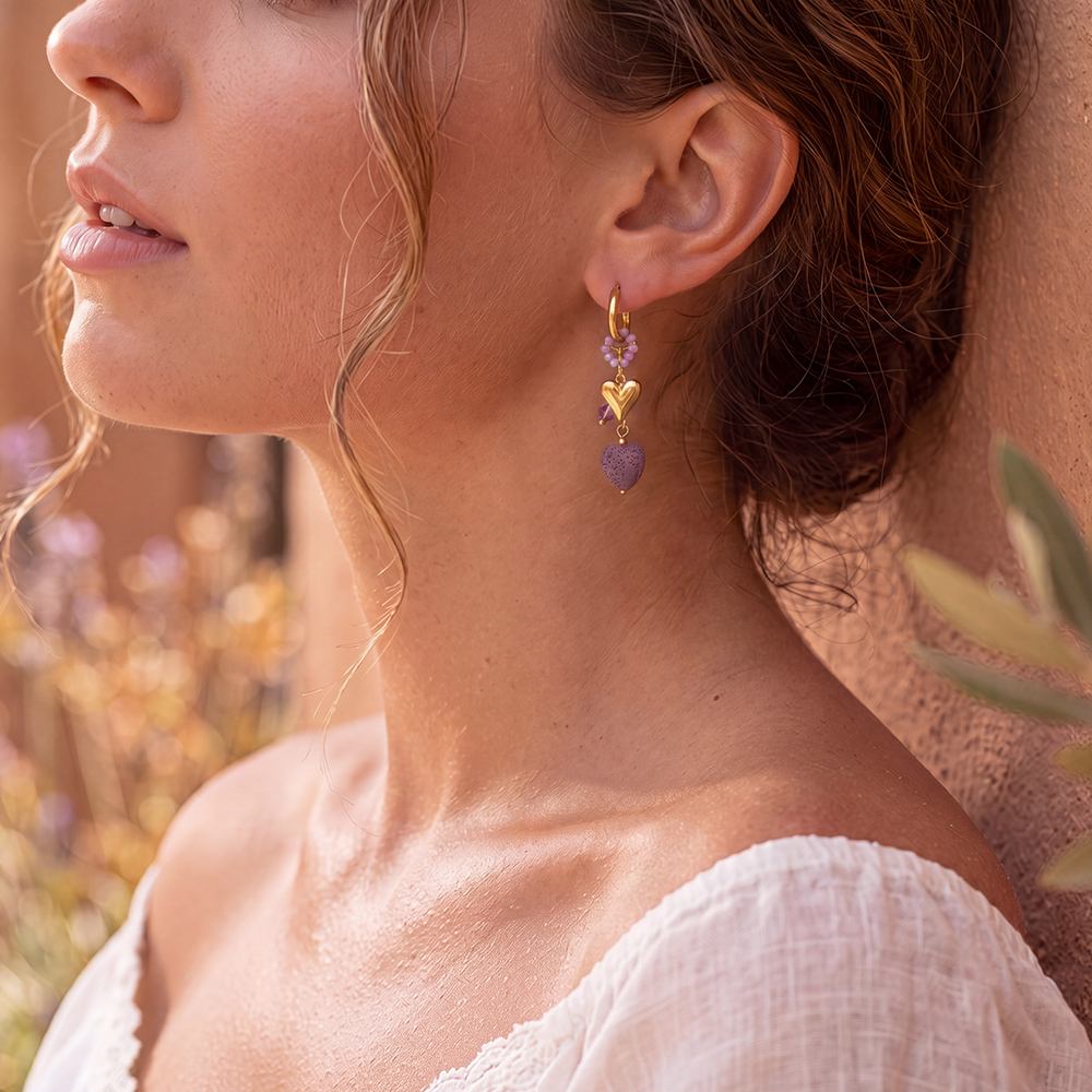 Stainless steel earrings: 56mm heart made of lava stone with crystal