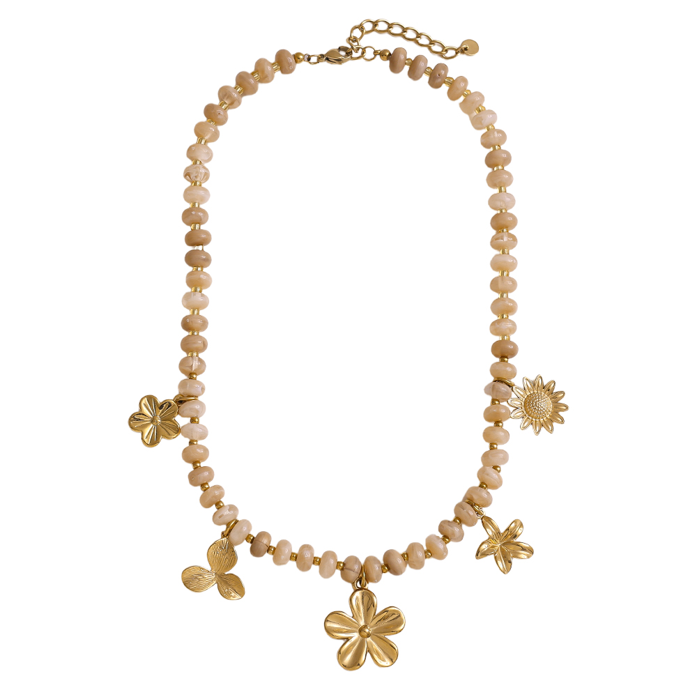 Stainless steel necklace 47cm small acrylic beads and golden flowers