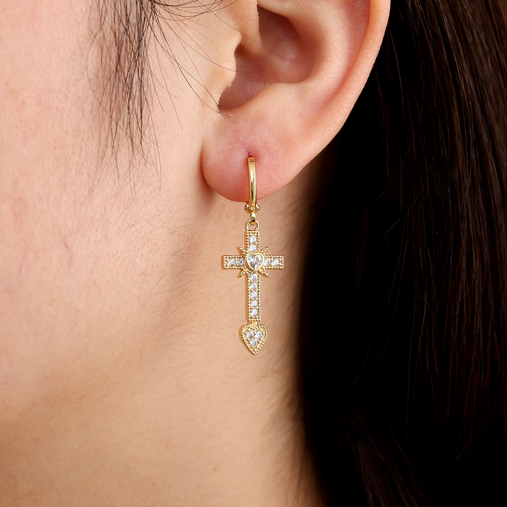Gold-plated earrings 3.9cm Diamond Cross And Heart