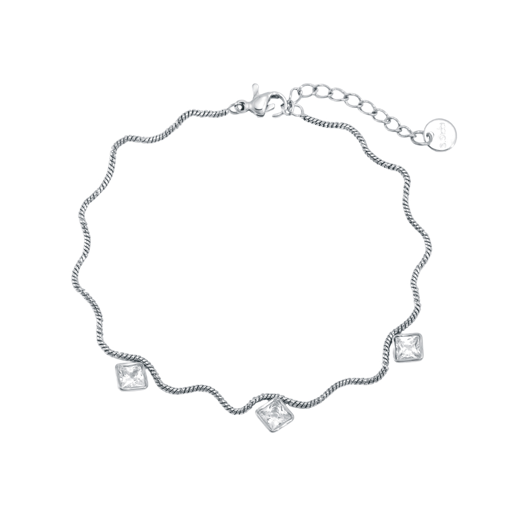 Stainless steel bracelet, 17 cm, wave chain with cube-cut zirconia