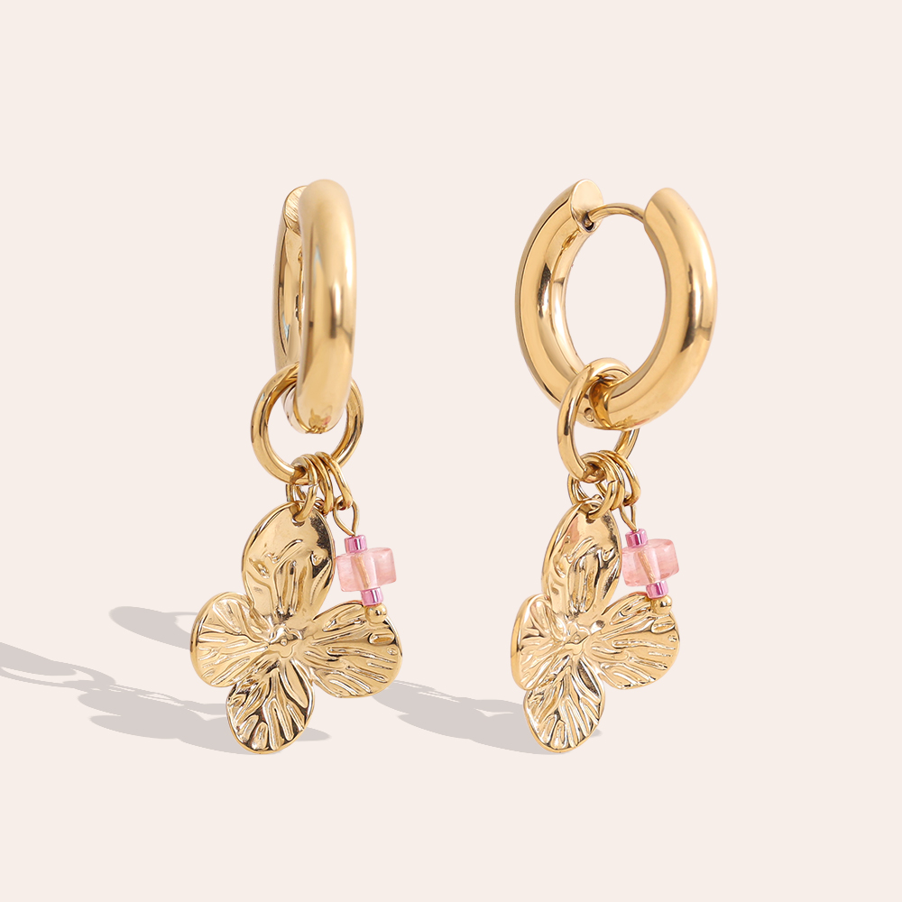 Stainless steel earrings 45mm flowers freshwater pearls and natural stone