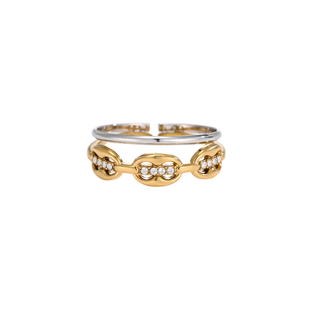 Stainless Steel Ring, Adjustable, Oval Links, Zirconia, Multi-row