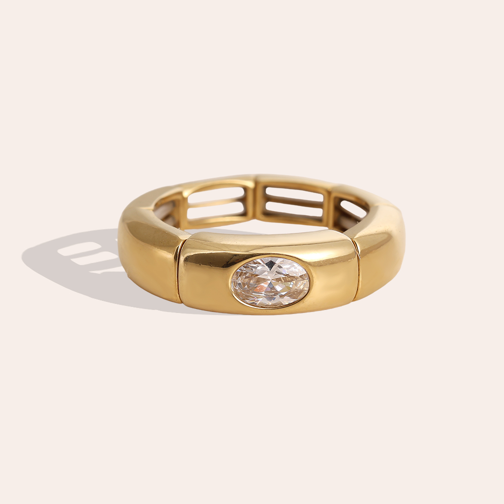 Stainless steel ring Adjustable one oval cubic zirconia wider