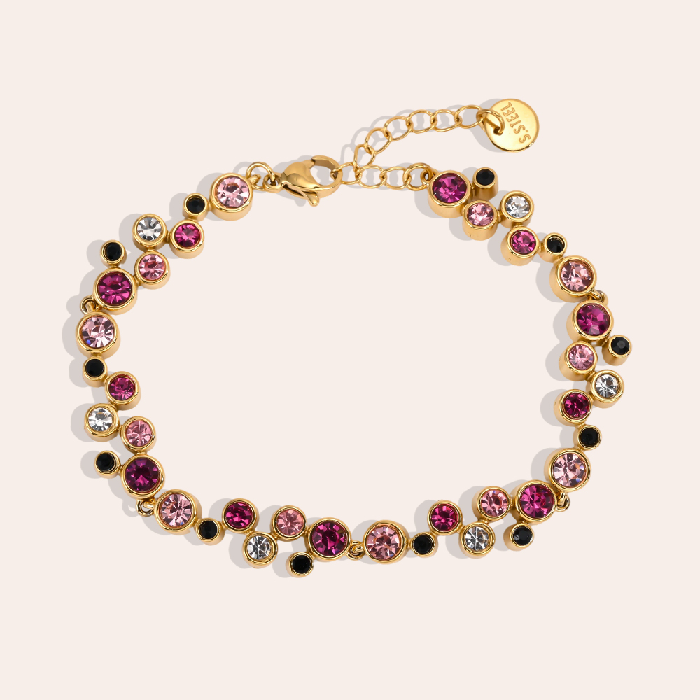 Stainless steel bracelet, 17 cm, with lots of round cubic zirconia stones