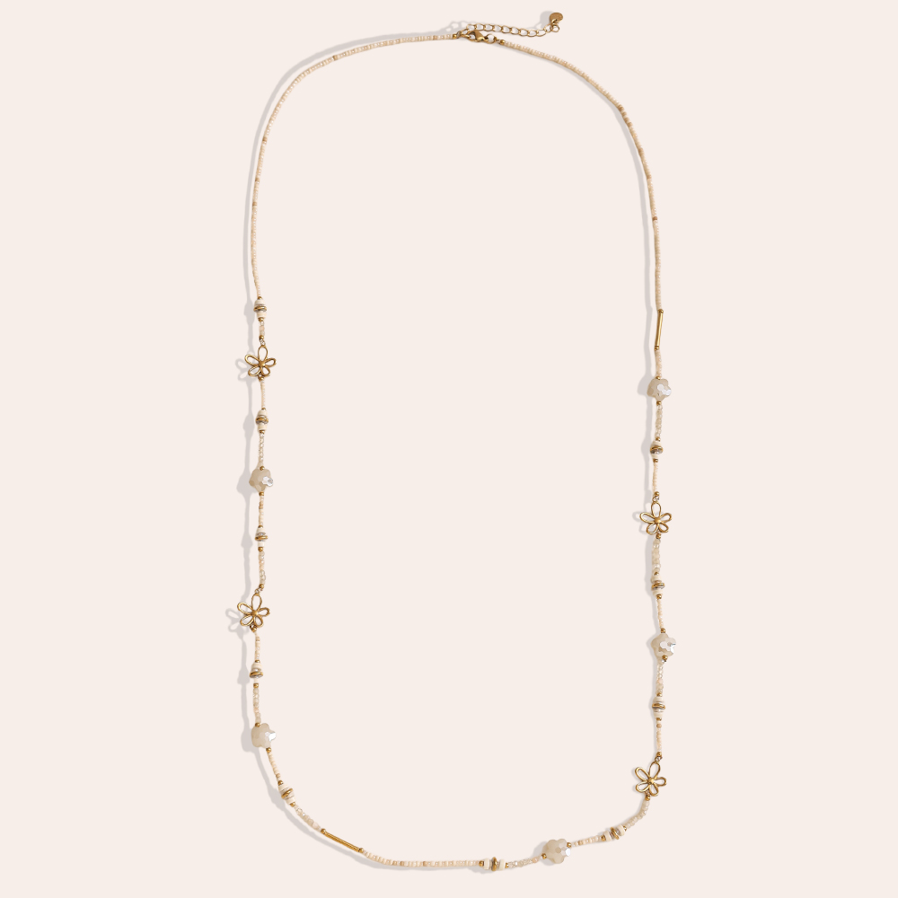 Stainless steel necklace 94cm small resin bead necklace with golden flowers