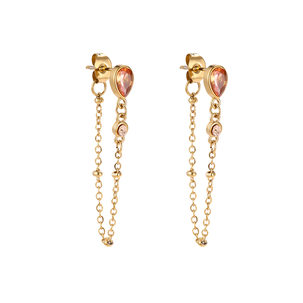 Stainless steel earrings, 5 x 35 mm teardrop-shaped cubic zirconia with chain