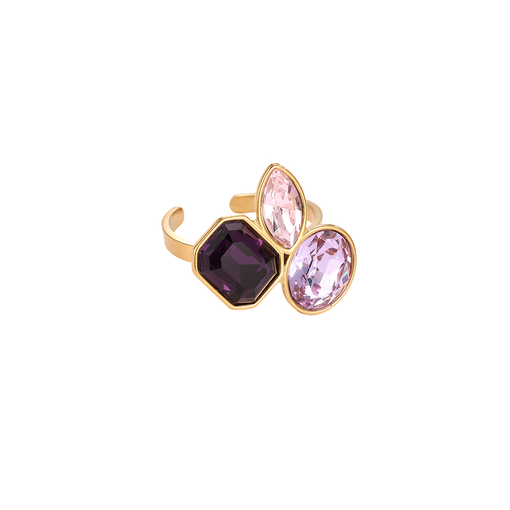 Stainless steel ring, adjustable, with three glass stones in different colours  