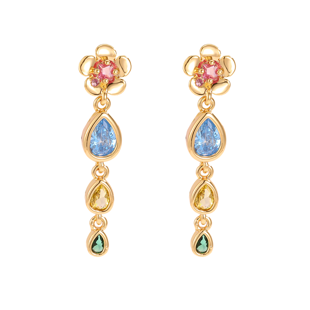 Gold-plated earrings 30mm zirconia flowers and coloured drops