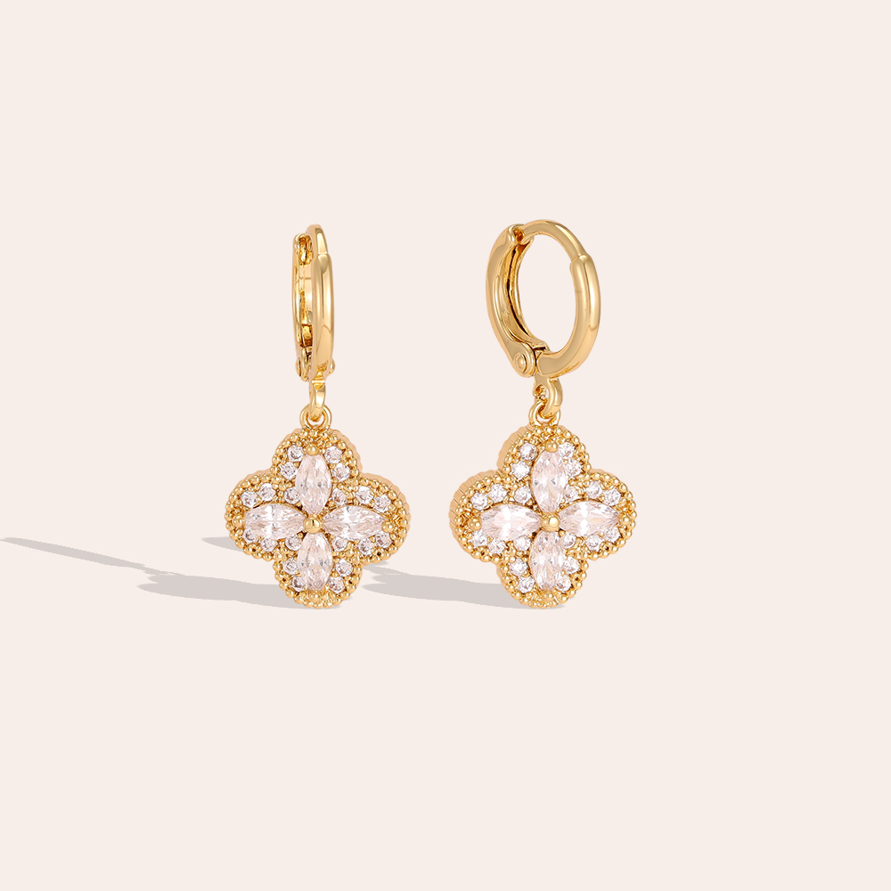 Gold-plated earrings, 28mm, cubic zirconia, four-leaf clover