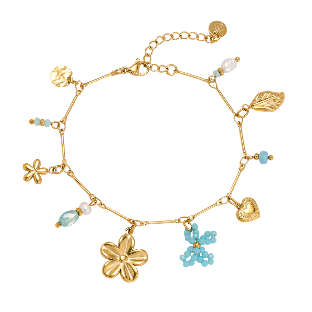 Stainless steel bracelet, 17 cm, flower, butterfly, heart