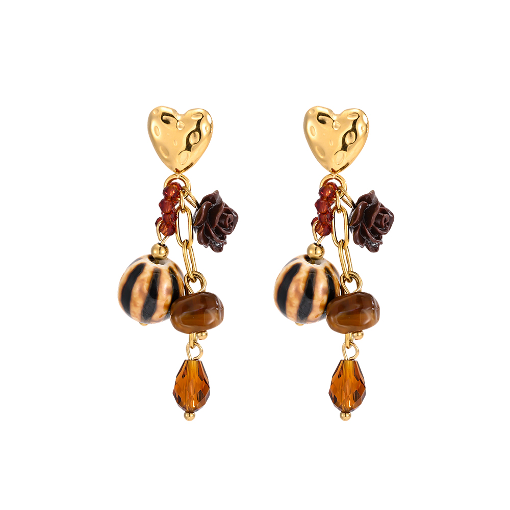Stainless steel earrings, 52 × 11 mm: golden hearts with brown flowers and beads