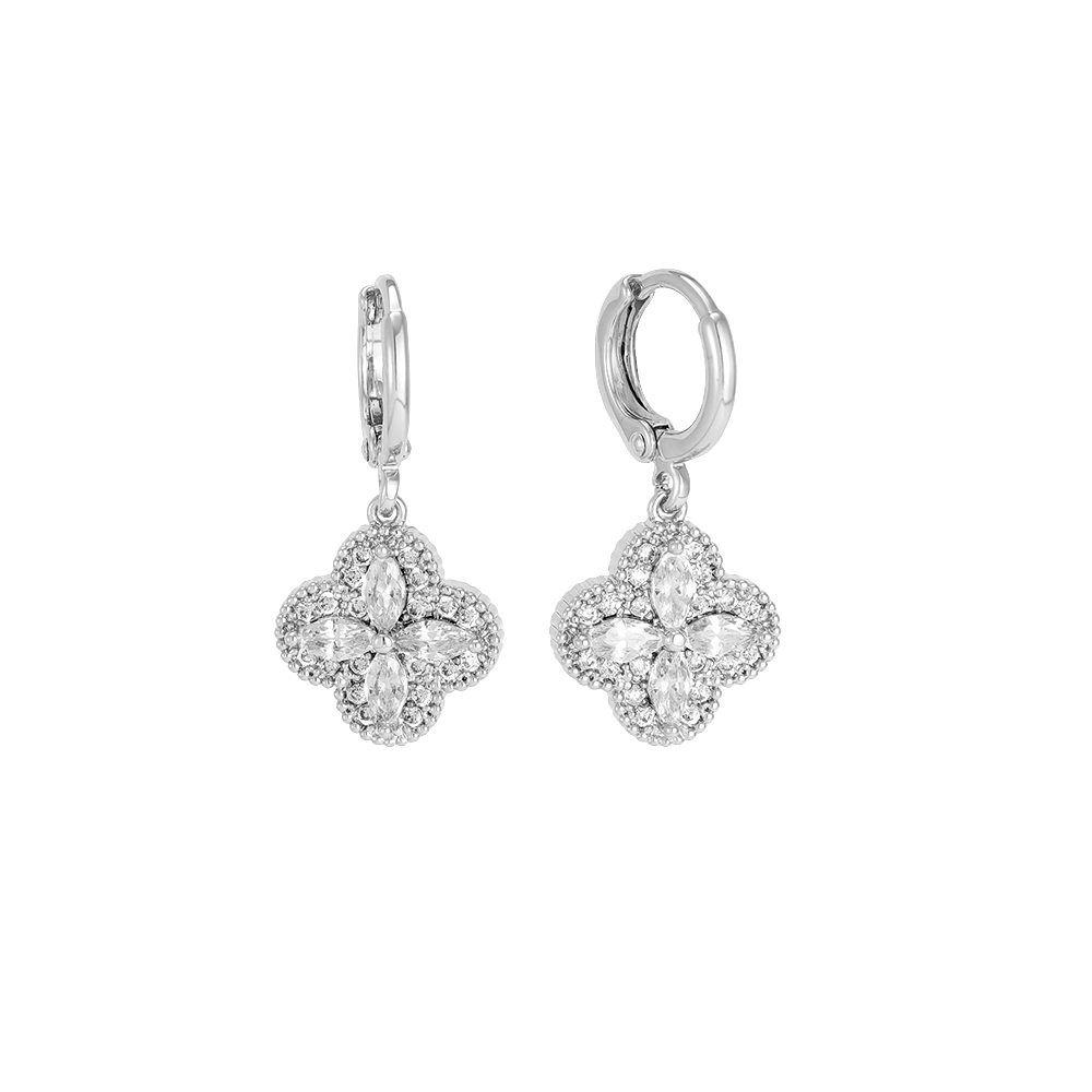 Gold-plated earrings, 28mm, cubic zirconia, four-leaf clover
