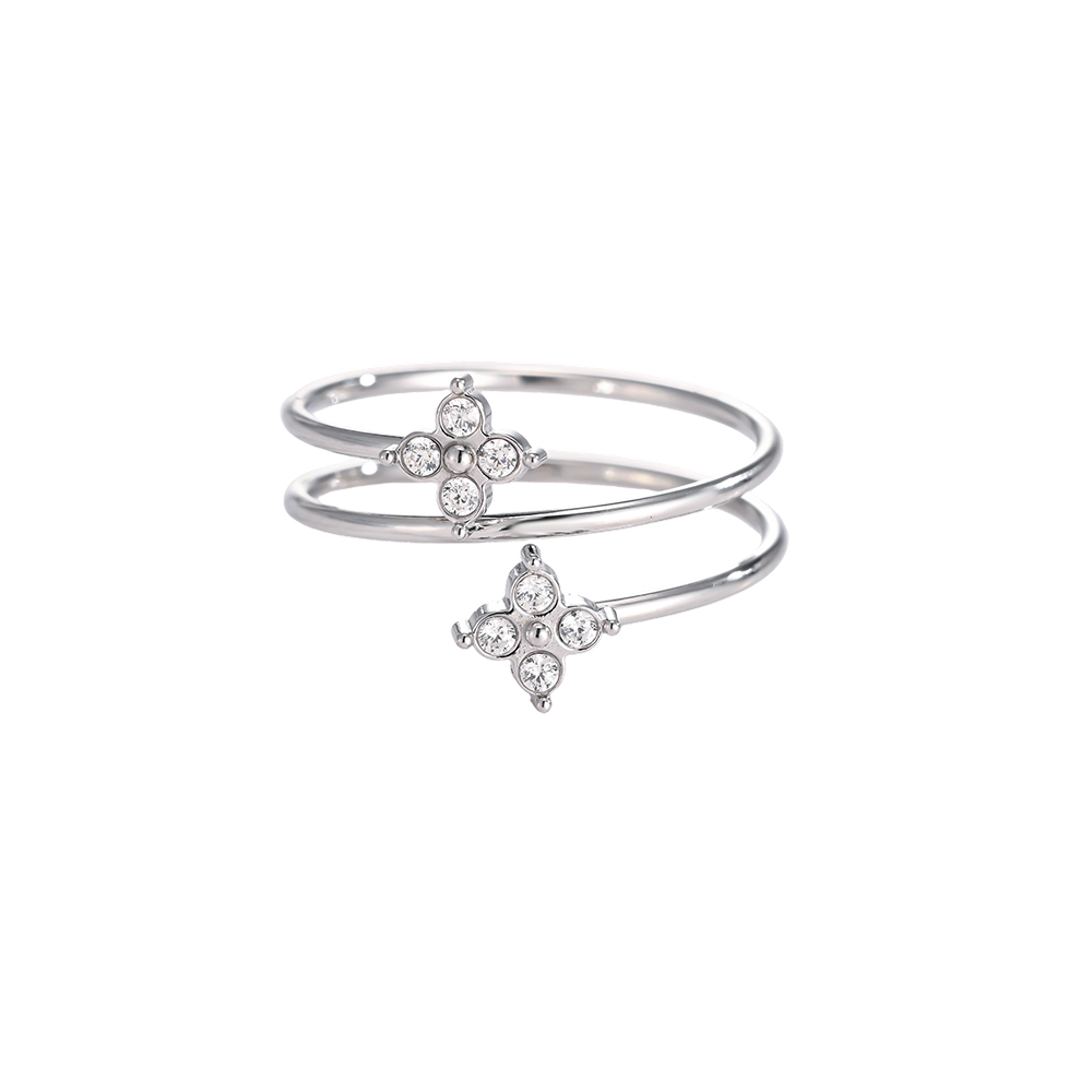 Stainless Steel Ring, Adjustable, Double Cloverleaf, Zirconia, Multi-row