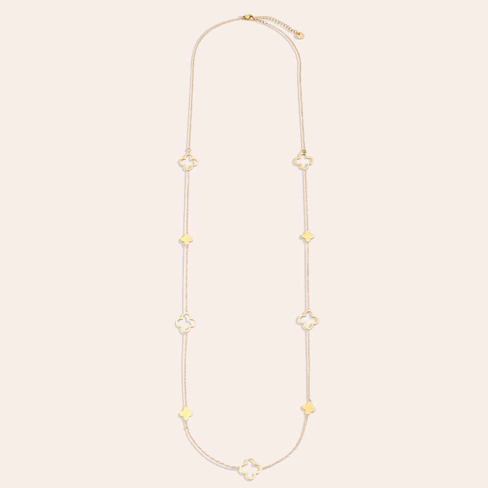 Stainless steel necklace, 80 cm, featuring a few distinctive, simple shamrocks  
