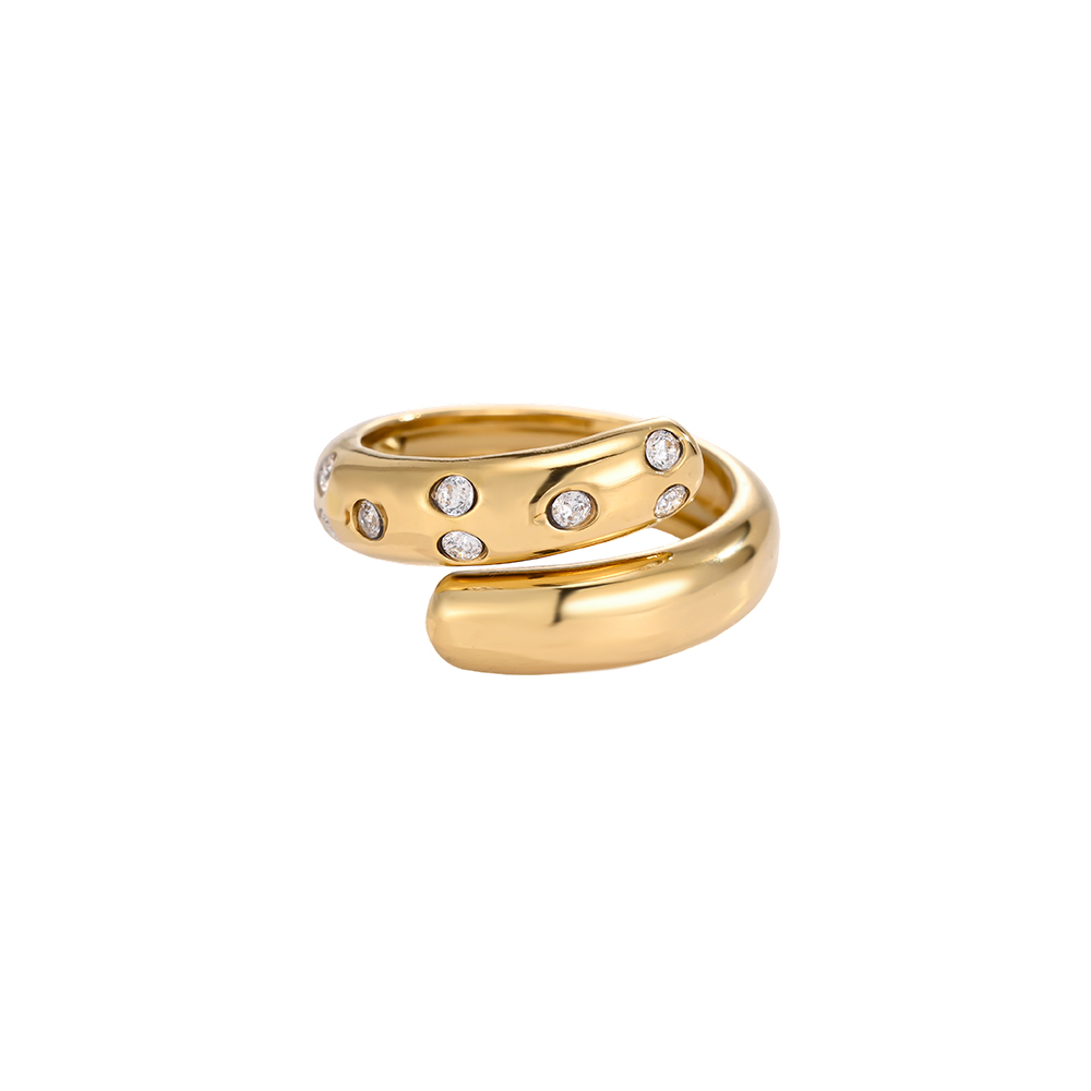 Adjustable stainless steel wrap-around ring with small cubic zirconia stones