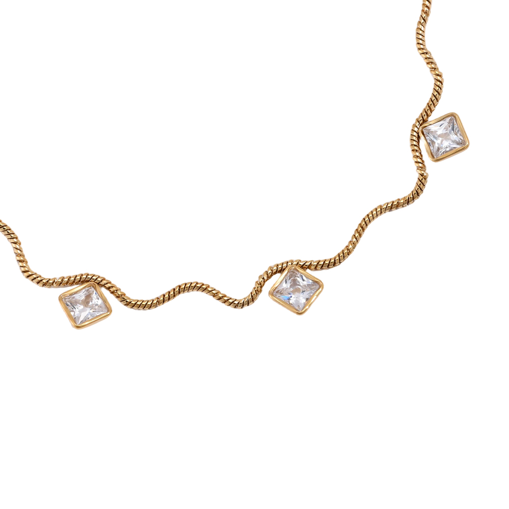 Stainless steel bracelet, 17 cm, wave chain with cube-cut zirconia