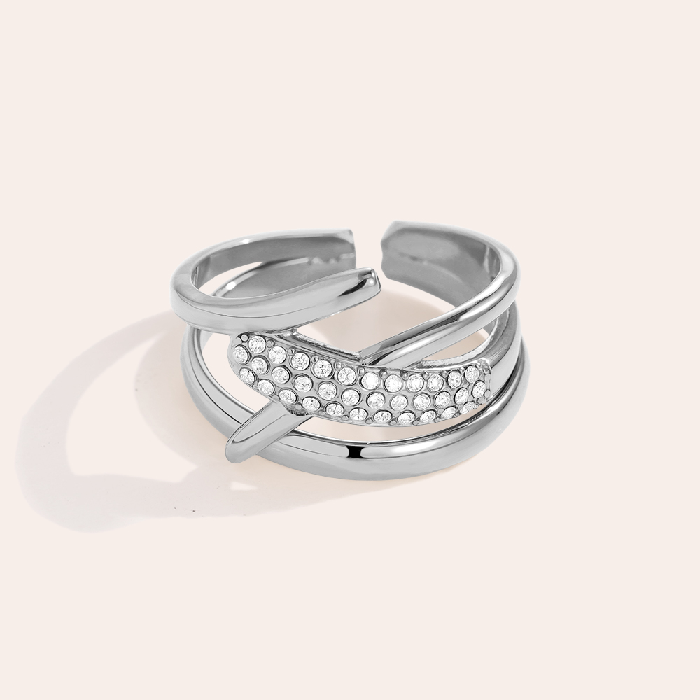Stainless Steel Ring, Adjustable, with Zirconia, Multi-row, Crossed Design