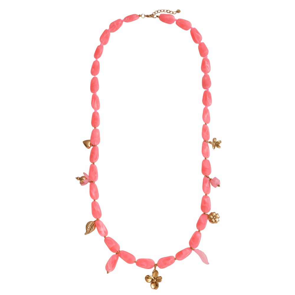 Stainless steel necklace 90cm elongated acrylic pieces and golden flowers