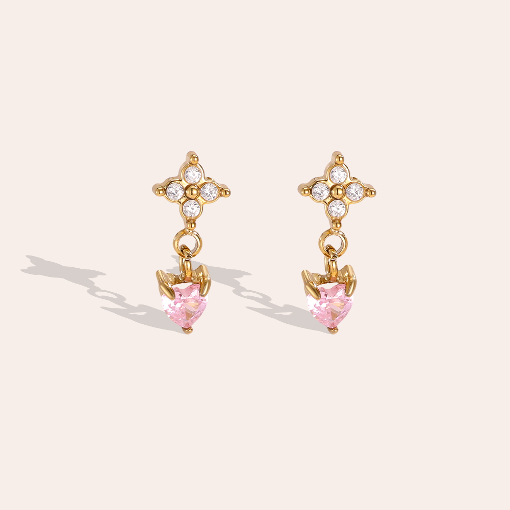 Stainless steel earrings, 11mm, mini cubic zirconia, flower, cloverleaf and heart shapes
