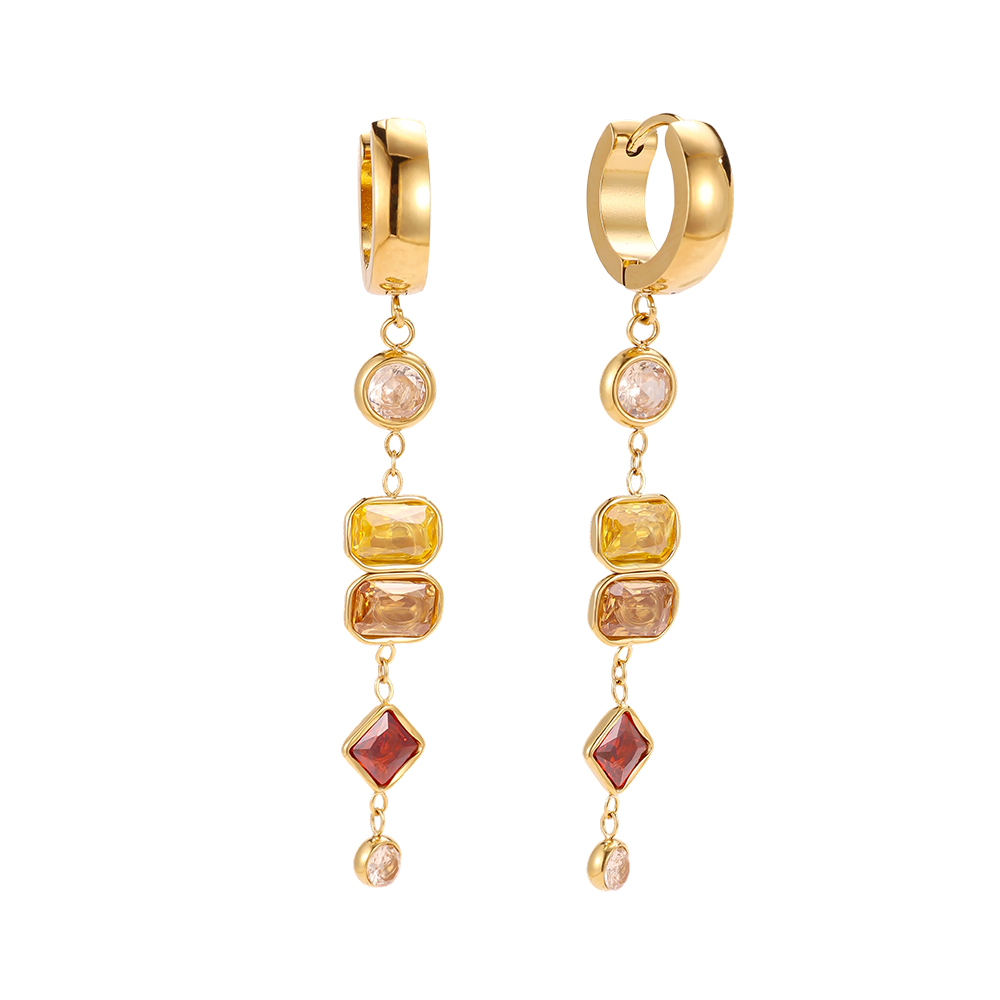 Stainless steel earrings, 56 x 14 mm, with cubic zirconia in shades of brown