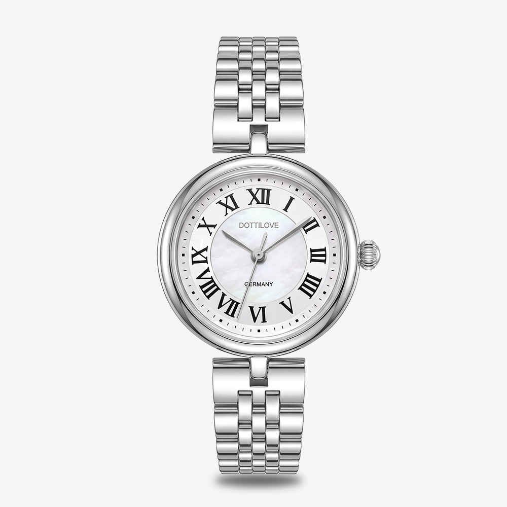 Round stainless steel watch with mother-of-pearl dial