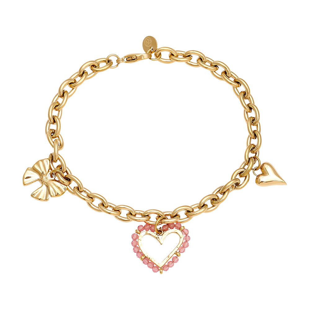 Stainless steel bracelet 17cm Pink Heart And Charms