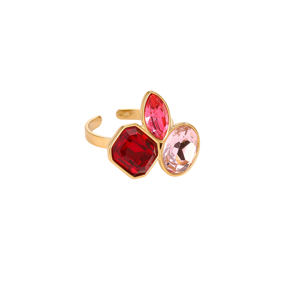 Stainless steel ring, adjustable, with three glass stones in different colours  