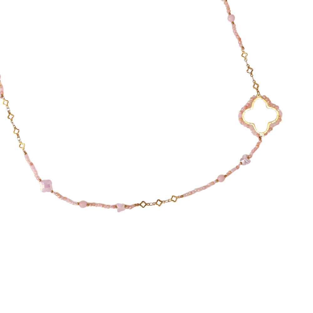 Stainless steel necklace 96cm cloverleaf and crystals